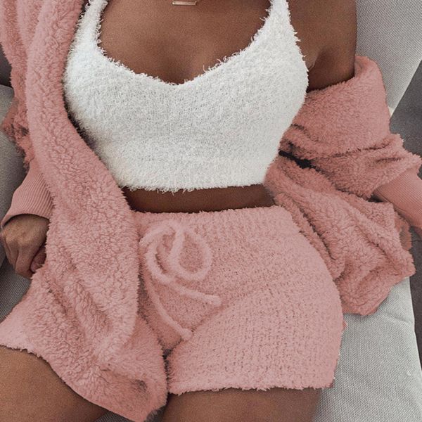 women two piece set outfits autumn winter fluffy hooded open front teddy coat & short sets y200110, White 
women two piece set outfits autumn winter fluffy hooded open front teddy coat & short sets y200110, White