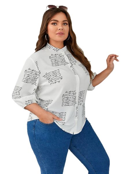 plus slogan graphic stand collar blouse f0oh#, Black
plus slogan graphic stand collar blouse f0oh#, Black