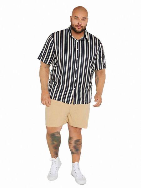 extended sizes men striped print shirt & shorts y4ox#, Gray 
extended sizes men striped print shirt & shorts y4ox#, Gray