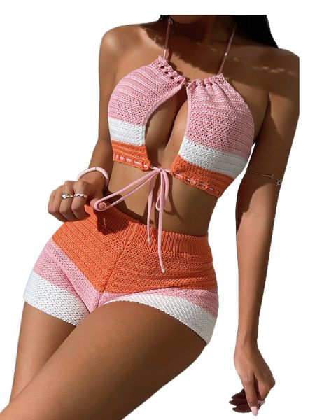 colorblock tie backless cover up & shorts u5t5#, White;black 
colorblock tie backless cover up & shorts u5t5#, White;black