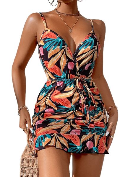 tropical print belted ruched ruffle hem cami dress d3ju#, Black;gray
tropical print belted ruched ruffle hem cami dress d3ju#, Black;gray