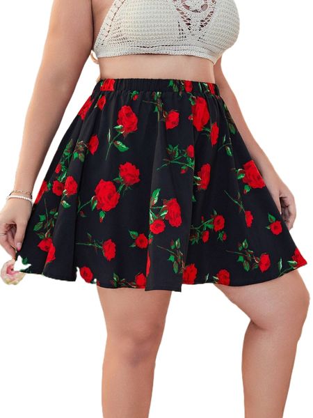 plus floral print flare skirt i2jy#, Black
