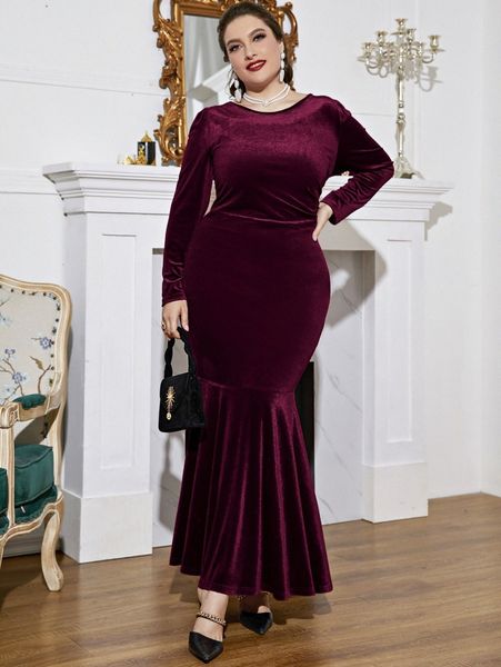 plus mermaid hem velvet dress a3kx#, Black 
plus mermaid hem velvet dress a3kx#, Black