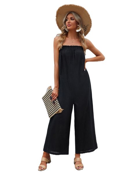 frill trim wide leg cami jumpsuit o3mn#, Black;white