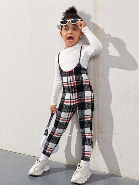 toddler girls plaid print suspender jumpsuit without she, Blue