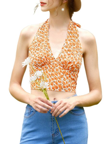 ditsy floral tie backless halter p3no#, White