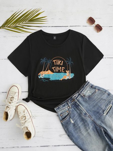 plus letter & tropical print tee n5il#, Black