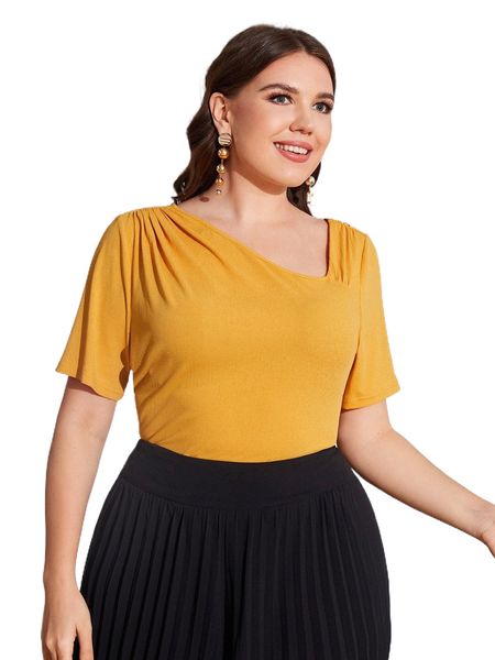 plus asymmetrical neck ruched tee k40w#, Black 
plus asymmetrical neck ruched tee k40w#, Black