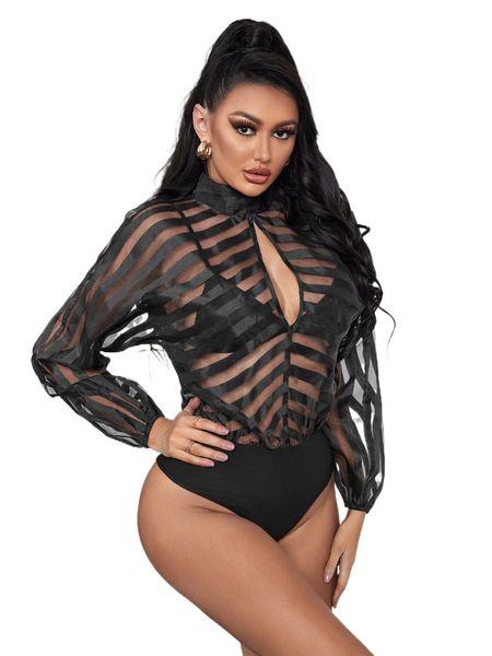 sxy mock neck peekaboo front striped print sheer bodysuit without bra and panty z6h4#, White
sxy mock neck peekaboo front striped print sheer bodysuit without bra and panty z6h4#, White