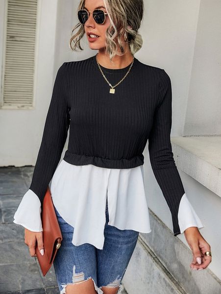 two tone ribbed knit tee m8ot#, White