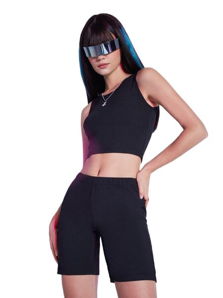 romwe cyber luvr solid tank & biker shorts u9hv#, White