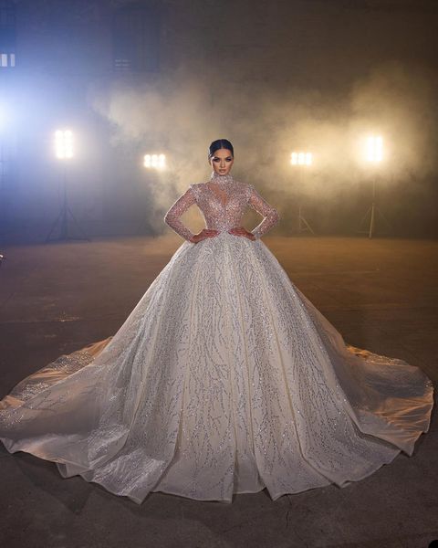 luxury ball gown wedding dresses high collar longsleeves organza sequins appliques lace arabic wedding bridal gowns crystal vestidos de novi, White
luxury ball gown wedding dresses high collar longsleeves organza sequins appliques lace arabic wedding bridal gowns crystal vestidos de novi, White