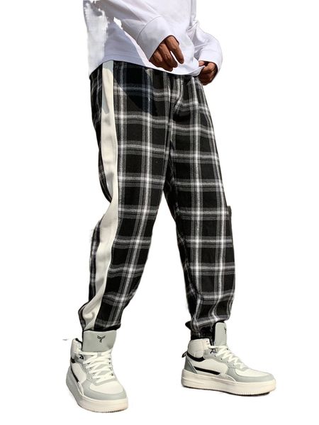 men plaid contrast side seam pants h4bp#, Black 
men plaid contrast side seam pants h4bp#, Black