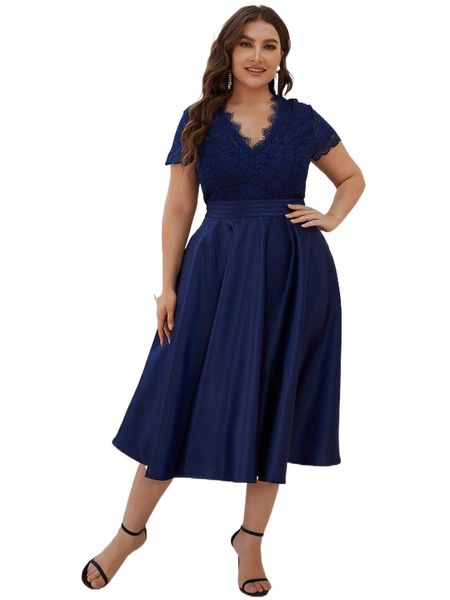 ever-pretty plus hidden pocket scallop trim lace prom dress w20p#, Black