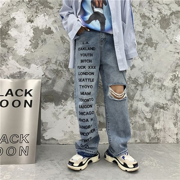 letter embroidery graffiti destroyed ripped hole high waist denim pant women man punk hip hop harajuku korean streetwear fashion t200615, Blue
letter embroidery graffiti destroyed ripped hole high waist denim pant women man punk hip hop harajuku korean streetwear fashion t200615, Blue