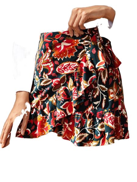 floral print ruffle hem wrap skirt x8d2#, Black 
floral print ruffle hem wrap skirt x8d2#, Black