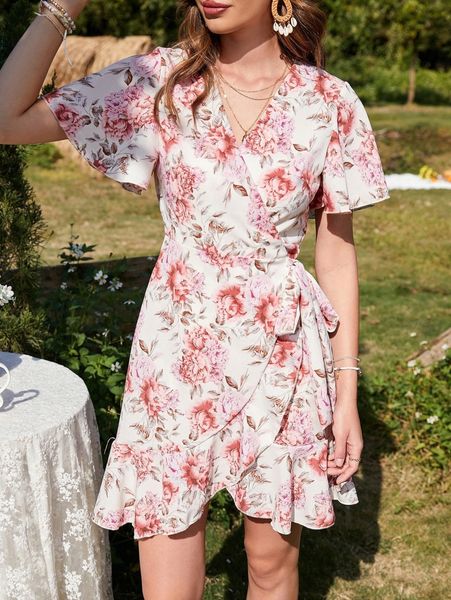 floral print butterfly sleeve ruffle trim wrap knot side dress 44xd#, Black;gray
floral print butterfly sleeve ruffle trim wrap knot side dress 44xd#, Black;gray