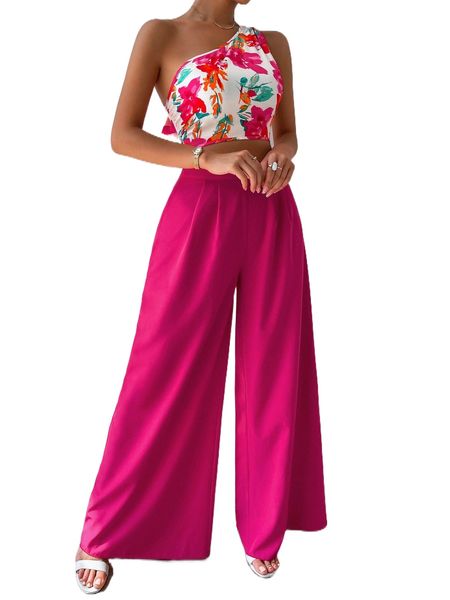 floral print one shoulder & wide leg pants s5le#, White 
floral print one shoulder & wide leg pants s5le#, White