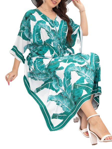 plus tropical print batwing sleeve dress 32jy#, Black