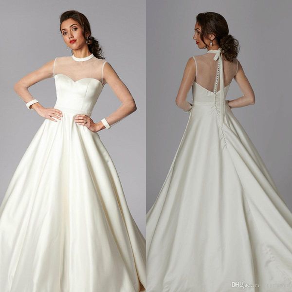 covered back beach princess wedding dresses sheer neck long sleeve satin plus size wedding dress sweep train robes de mariee, White
covered back beach princess wedding dresses sheer neck long sleeve satin plus size wedding dress sweep train robes de mariee, White