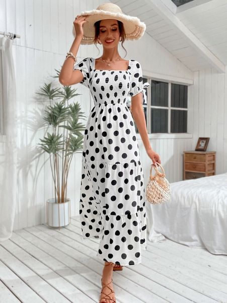 polka dot shirred bodice puff sleeve ruffle hem dress q69r#, Black;gray
polka dot shirred bodice puff sleeve ruffle hem dress q69r#, Black;gray