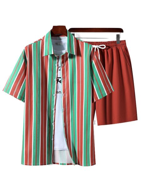 men striped shirt & shorts without tee o5al#, Gray