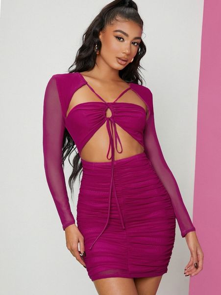 cut out front ruched dress 90sj#, Black;gray 
cut out front ruched dress 90sj#, Black;gray