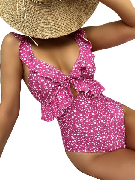 ditsy floral ruffle cut-out one piece swimsuit 76zd#, White;black