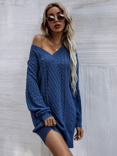 v neck cable knit drop shoulder sweater dress b4s2#, White;black 
v neck cable knit drop shoulder sweater dress b4s2#, White;black