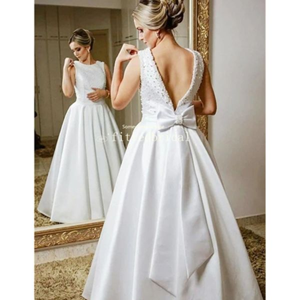elegant jewel neck open back with bow tie beads a-line long wedding dress, White
elegant jewel neck open back with bow tie beads a-line long wedding dress, White