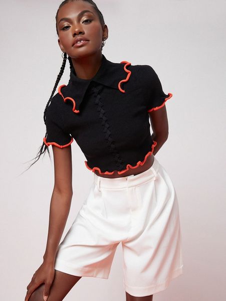 x penelope ping contrast binding ribbed knit crop sweater l5y5#, White;black 
x penelope ping contrast binding ribbed knit crop sweater l5y5#, White;black