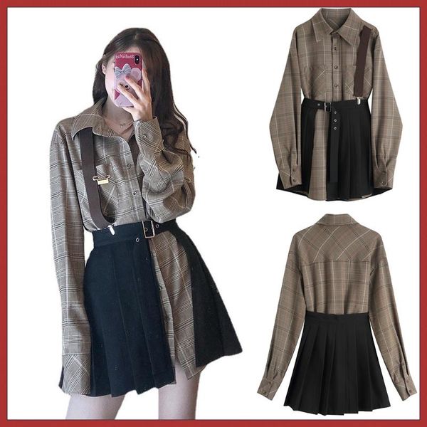 skirts fashion women's plaid lapel shirt two-piece suit 2022 spring summer long sleeve loose strap belt mini skirt set, Black
skirts fashion women's plaid lapel shirt two-piece suit 2022 spring summer long sleeve loose strap belt mini skirt set, Black