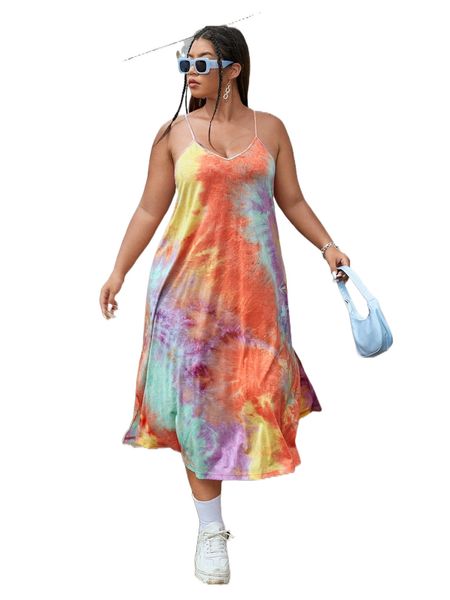plus tie dye split hem cami dress m5d7#, Black