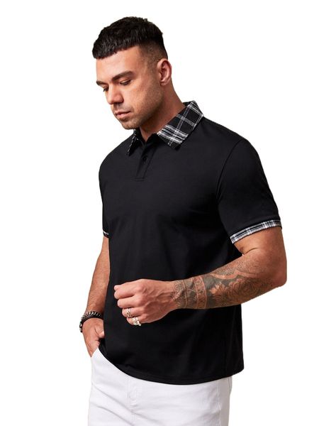 extended sizes men plaid polo shirt l0ee#, White;black 
extended sizes men plaid polo shirt l0ee#, White;black