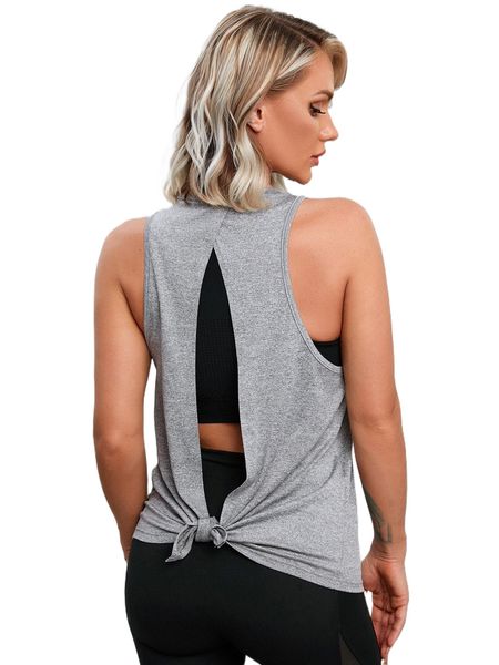 moon print cut out tie back sports tank p5bx#, Gray