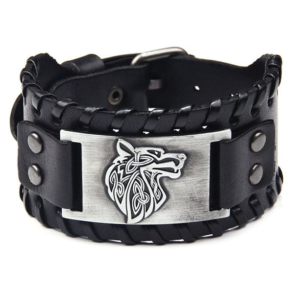 european and american fashion retro punk men's wide bangle nordic viking designer charm wolf head bracelet leather braided adjustable w, Black
european and american fashion retro punk men's wide bangle nordic viking designer charm wolf head bracelet leather braided adjustable w, Black