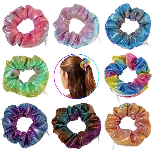 

scrunchies women scrunchy elastic ring hair bands girls ponytail holder velour headwear hair ties zipper small bag dance scrunchie hairband, Golden;silver