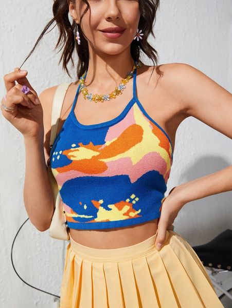 graphic pattern tie backless halter knit a4ed#, White;black
graphic pattern tie backless halter knit a4ed#, White;black