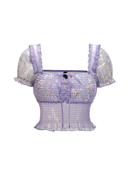 square neck floral print tie front shirred ruffle hem organza c0gt#, White
square neck floral print tie front shirred ruffle hem organza c0gt#, White