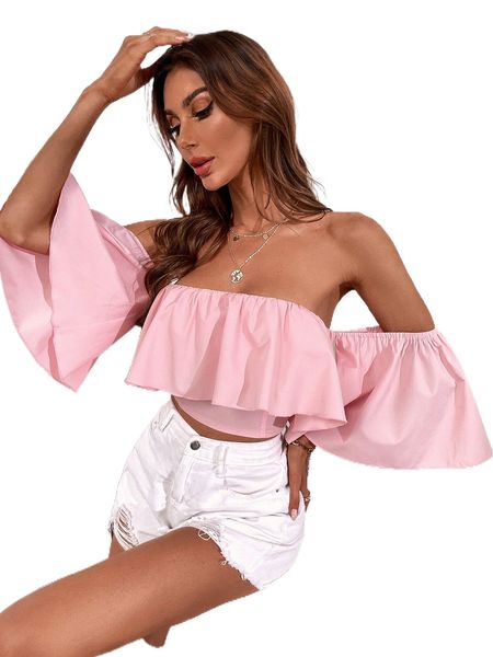 off shoulder flounce sleeve ruffle trim crop d6bh#, White