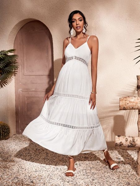 contrast guipure lace ruffle hem cami dress 95up#, Black;gray
contrast guipure lace ruffle hem cami dress 95up#, Black;gray