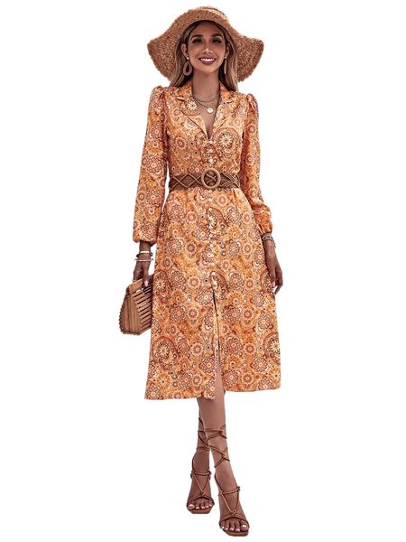 random paisley & floral print bishop sleeve shirt dress without belt e2v6#, Black;gray
random paisley & floral print bishop sleeve shirt dress without belt e2v6#, Black;gray