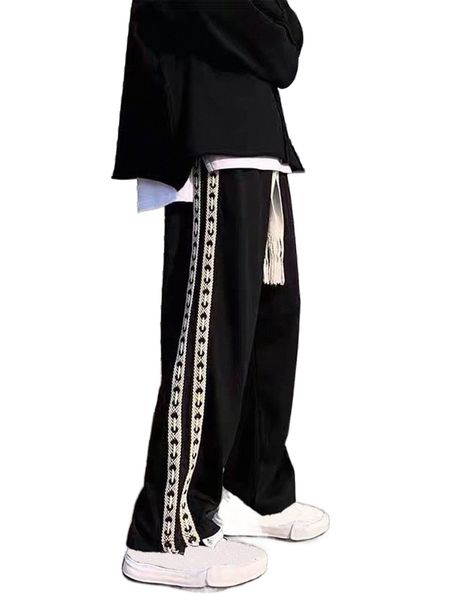 men contrast double tape side pants 33wd#, Black