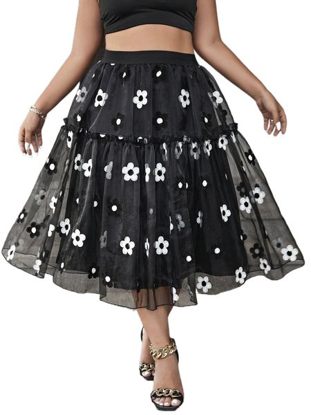 plus floral embroidery organza overlay frill trim skirt o8js#, Black 
plus floral embroidery organza overlay frill trim skirt o8js#, Black