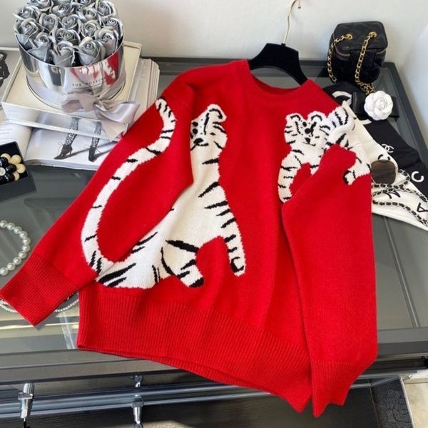 women's t-shirt year red ed tiger pattern jacquard exclusive cashmere round neck loose pullover knitted sweater women, White
women's t-shirt year red ed tiger pattern jacquard exclusive cashmere round neck loose pullover knitted sweater women, White
