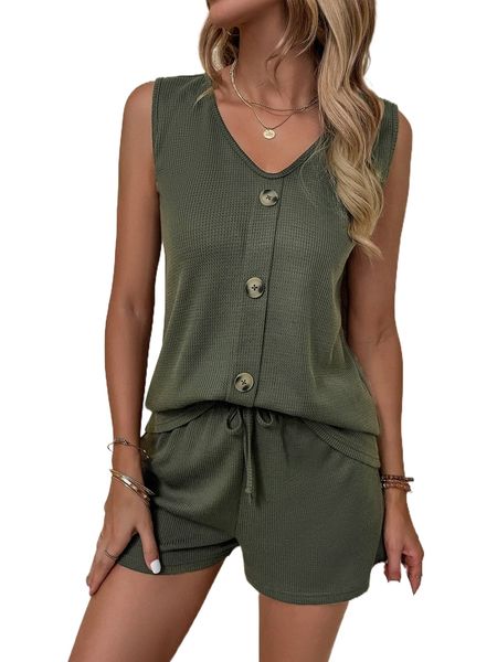 waffle knit fake button tank & shorts w2dv#, White