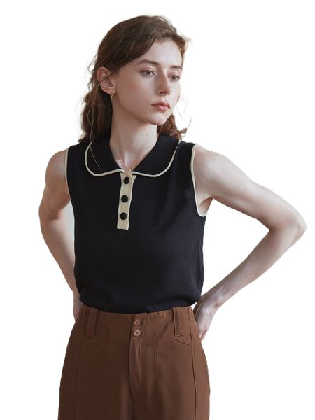 simple retro contrast trim polo neck knit v3iz#, White;black