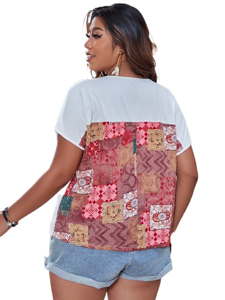 plus patchwork print batwing sleeve v4mi#, Black