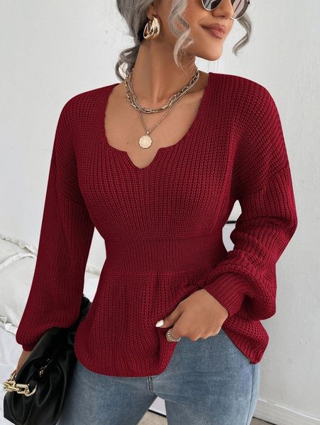 notched neck bishop sleeve ribbed knit sweater y8bd#, White;black