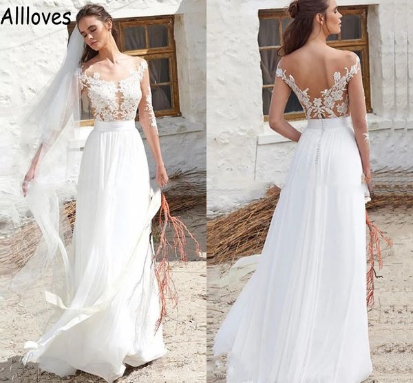 scoop sheer neck a line wedding dresses with illusion long sleeves lace appliqued summer beach bridal gowns backless flowy chiffon boho robe, White
scoop sheer neck a line wedding dresses with illusion long sleeves lace appliqued summer beach bridal gowns backless flowy chiffon boho robe, White